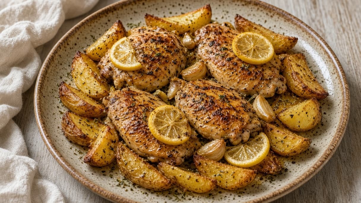 Ugnsbakad kycklinglårfilé med citron, vitlök och potatis