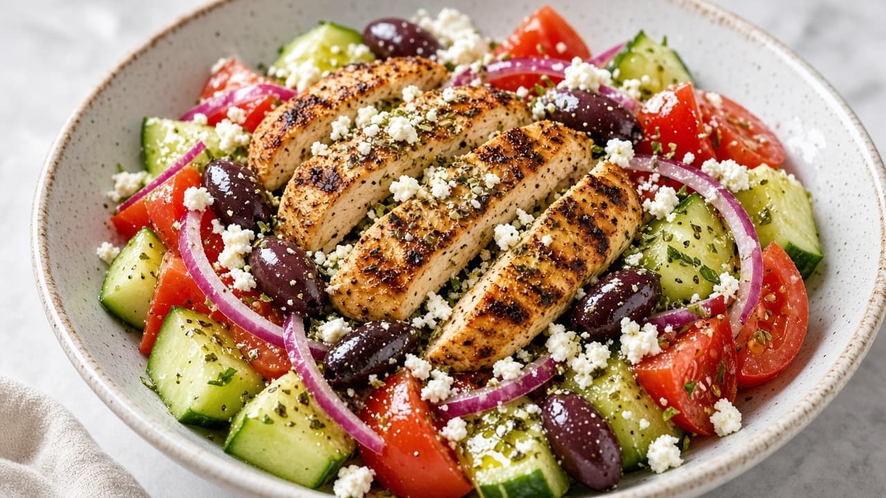 Grekisk kycklingsallad med feta och oliver