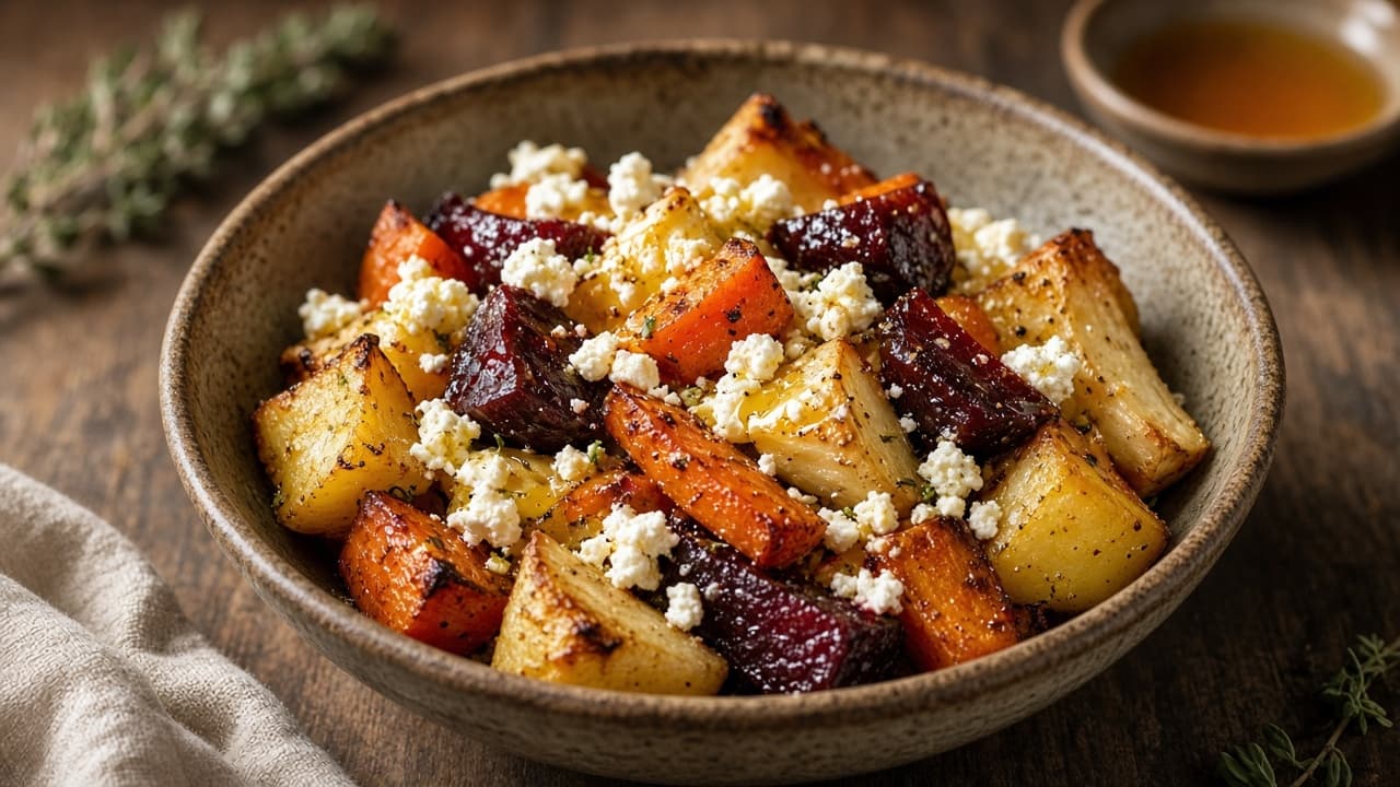 Rostade rotfrukter med feta och honung