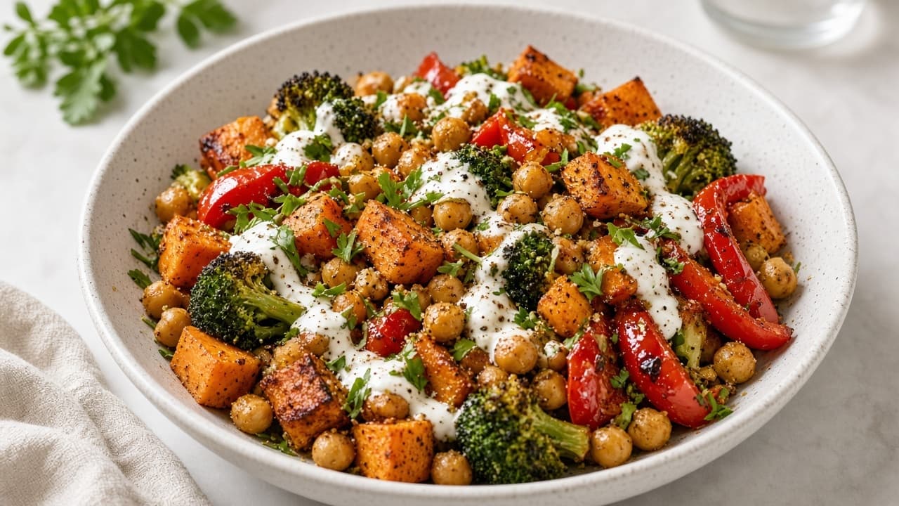 Kikärtsbowl med rostade grönsaker och yoghurt