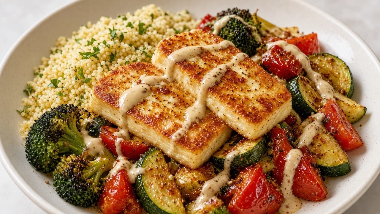 Halloumi med rostade grönsaker och tahini