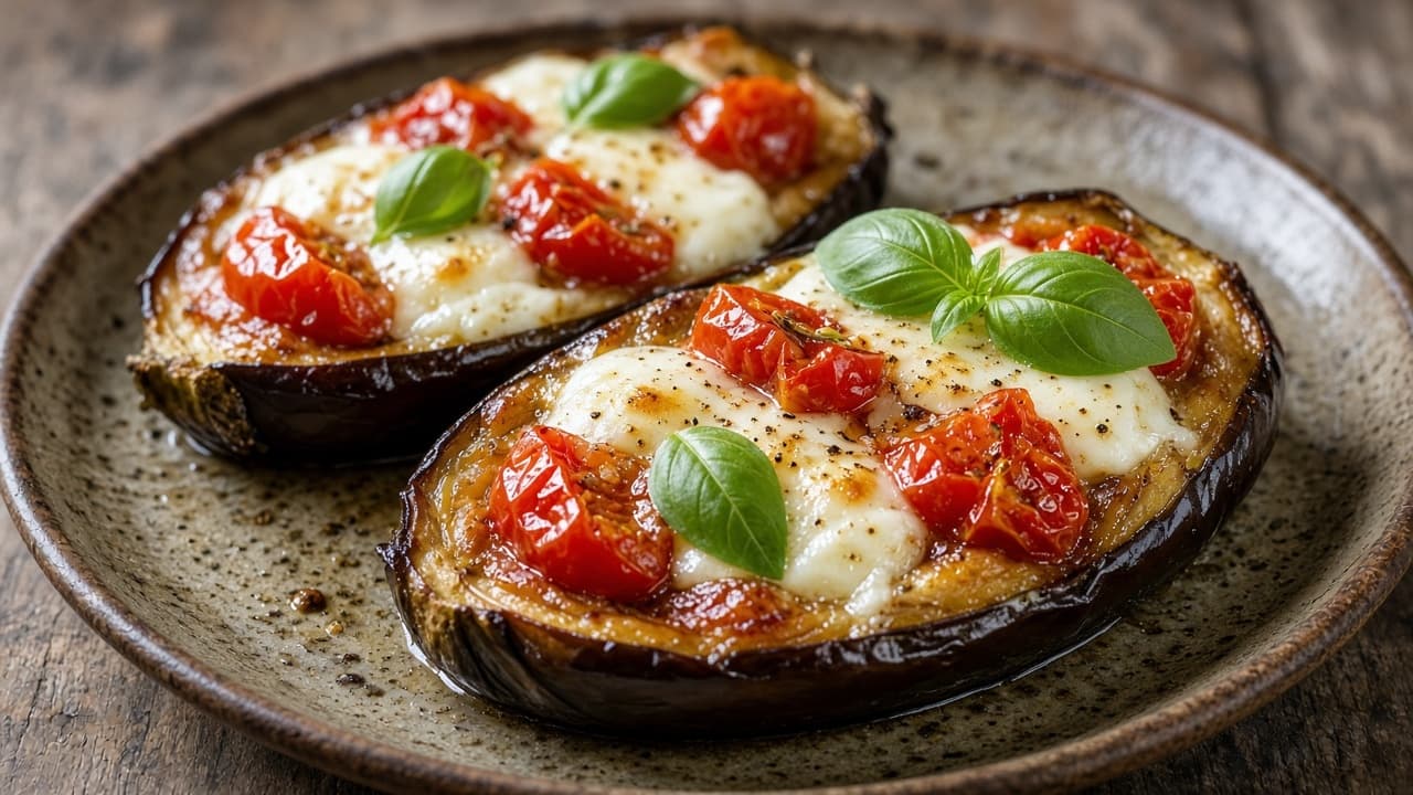 Ugnsbakad aubergine med mozzarella, tomat och basilika