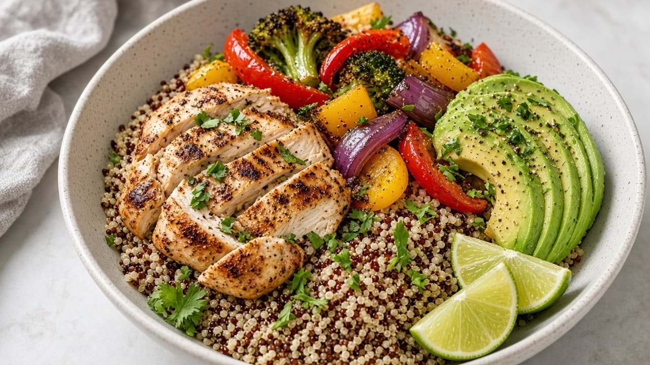 Kycklingbowl med quinoa, avokado och lime