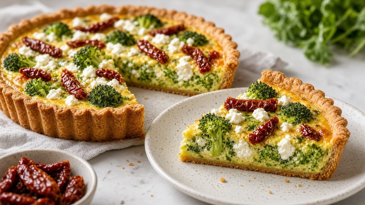 Broccolipaj med feta och soltorkade tomater