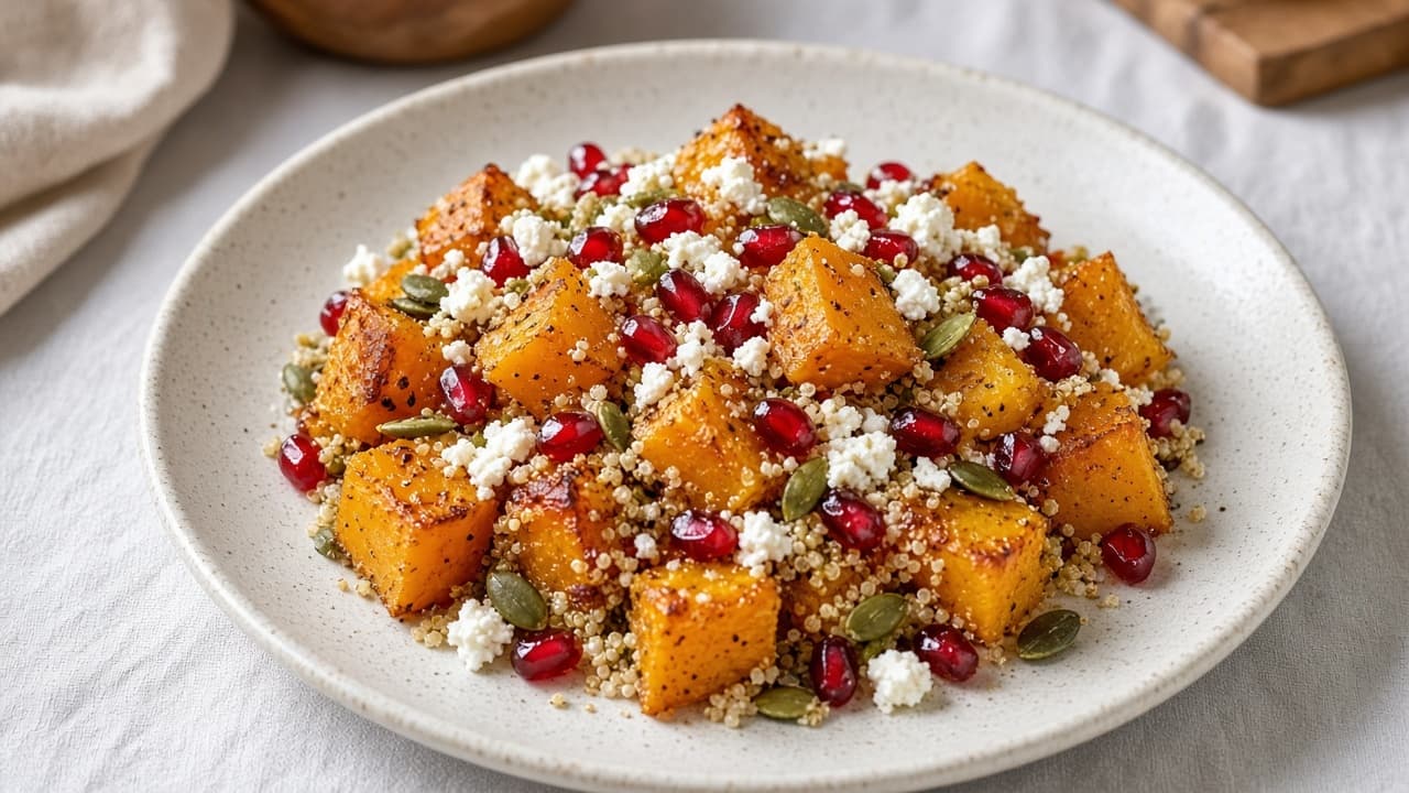 Ugnsbakad butternutsquash med feta, quinoa och granatäpple