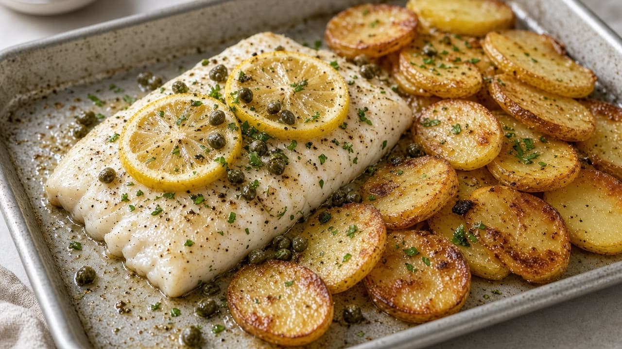 Ugnsbakad sejfilé med citron, kapris och potatis