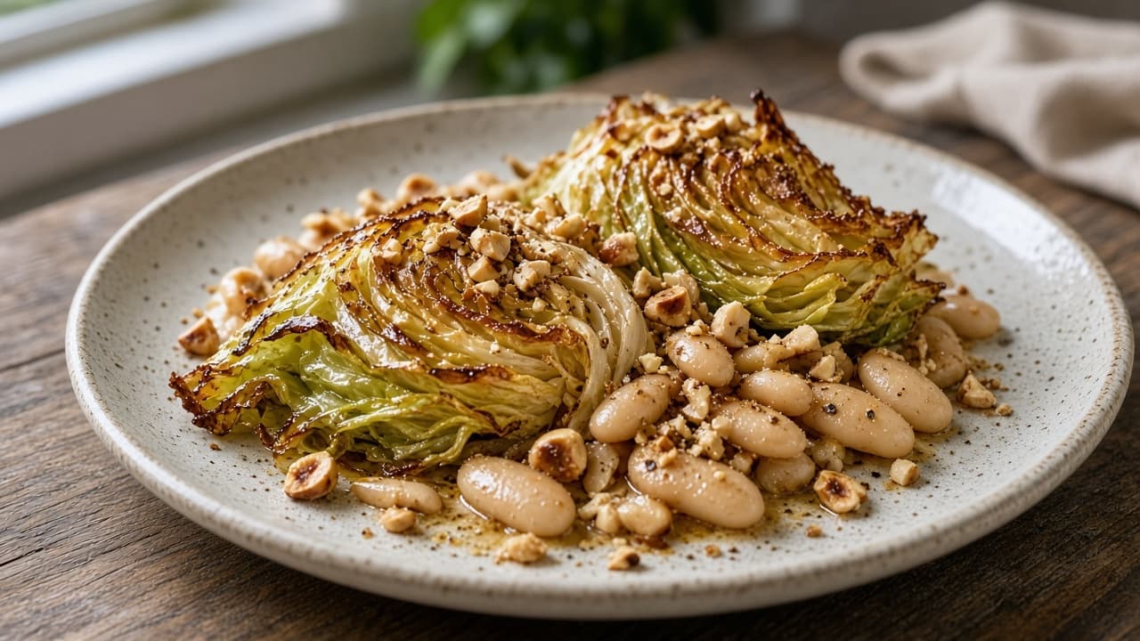 Rostad spetskål med vita bönor, hasselnötter och brynt smör