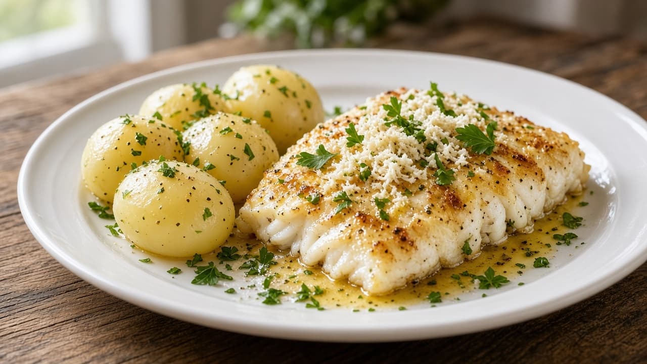 Ugnsbakad kolja med brynt smör, pepparrot och potatis