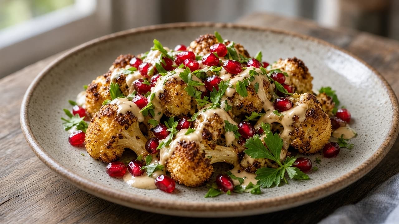 Rostad blomkål med tahini, granatäpple och persilja