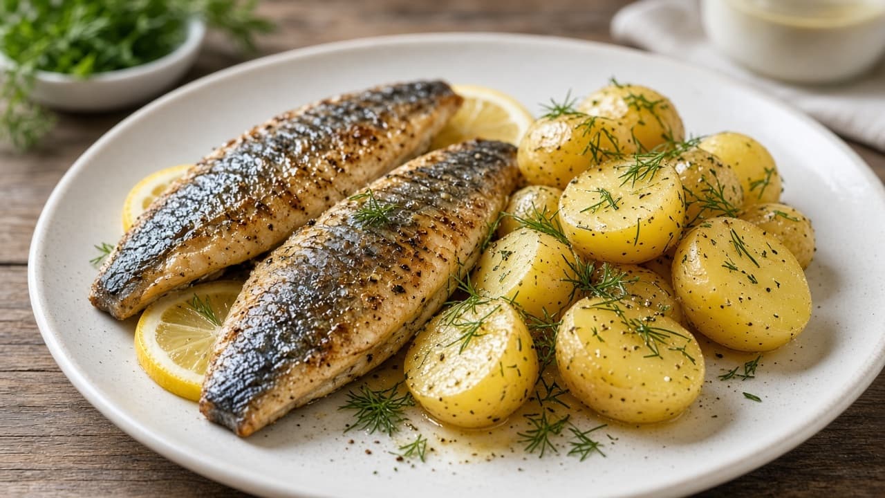 Ugnsbakad makrillfilé med dillpotatis och citron