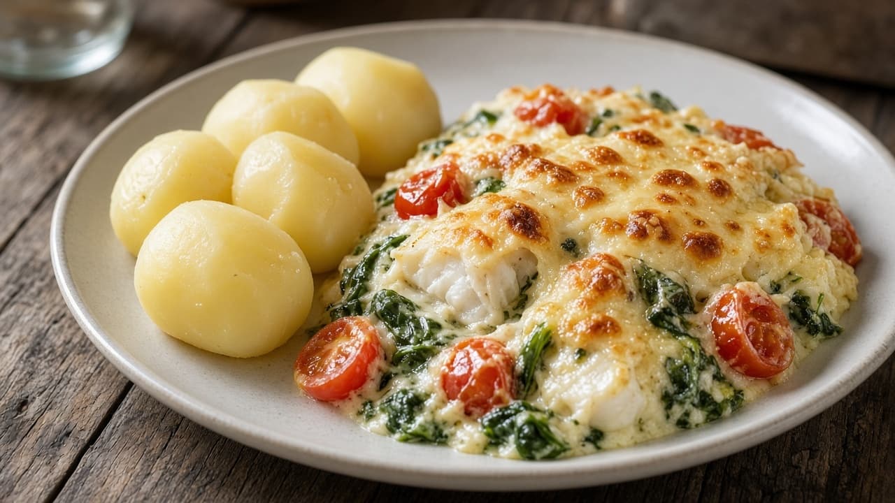 Fiskgratäng med spenat, tomat och ost