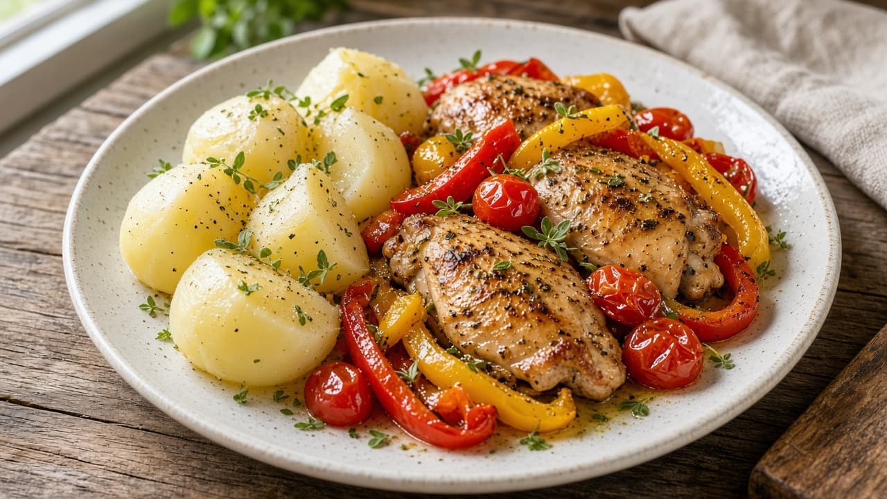 Ugnsbakad kycklinglårfilé med paprika och oregano