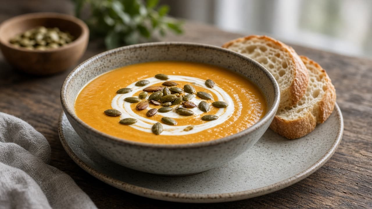Pumpasoppa med crème fraiche och rostade frön