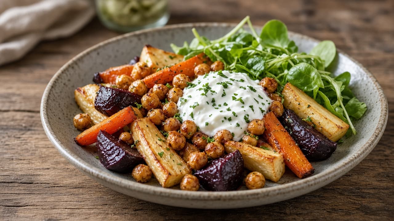 Ugnsrostade rotfrukter med kikärtor och örtyoghurt