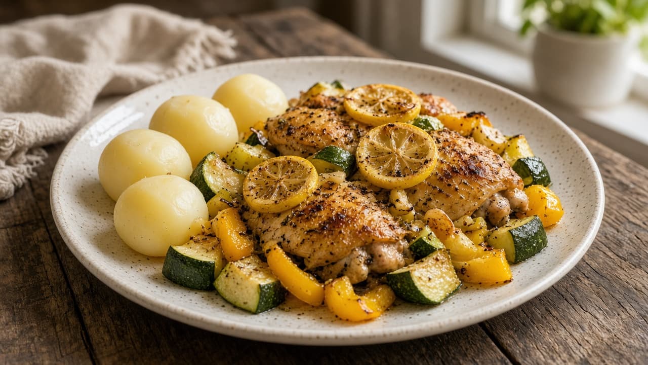 Plåtkyckling med citron, vitlök och zucchini