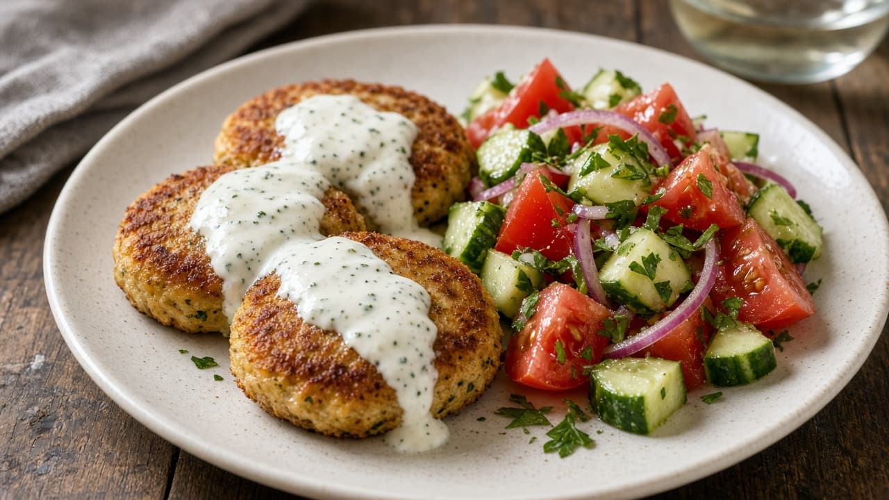 Kikärtsbiffar med yoghurtsås och sallad