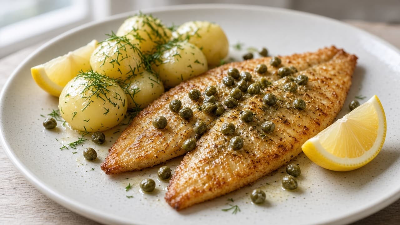 Stekt rödspätta med kapris, citron och potatis