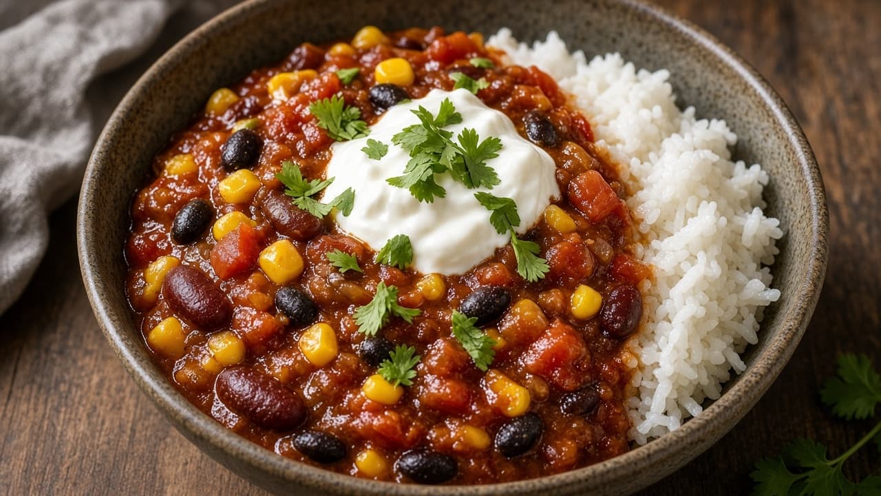 Vegetarisk chili sin carne med ris
