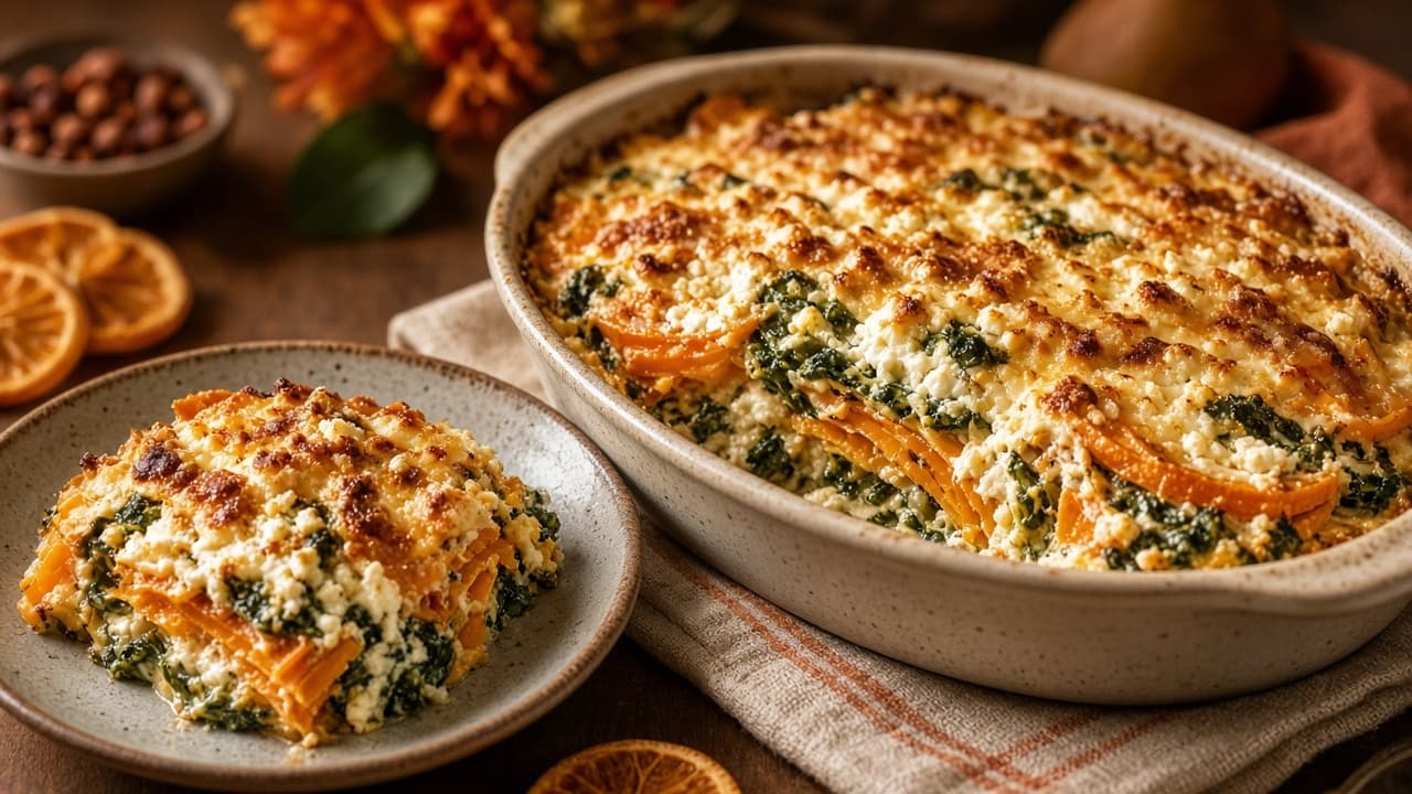 Sötpotatisgratäng med feta och spenat