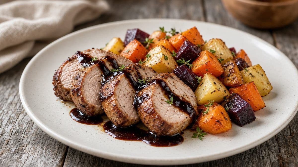 Fläskytterfilé med balsamgräddsås och rotfrukter
