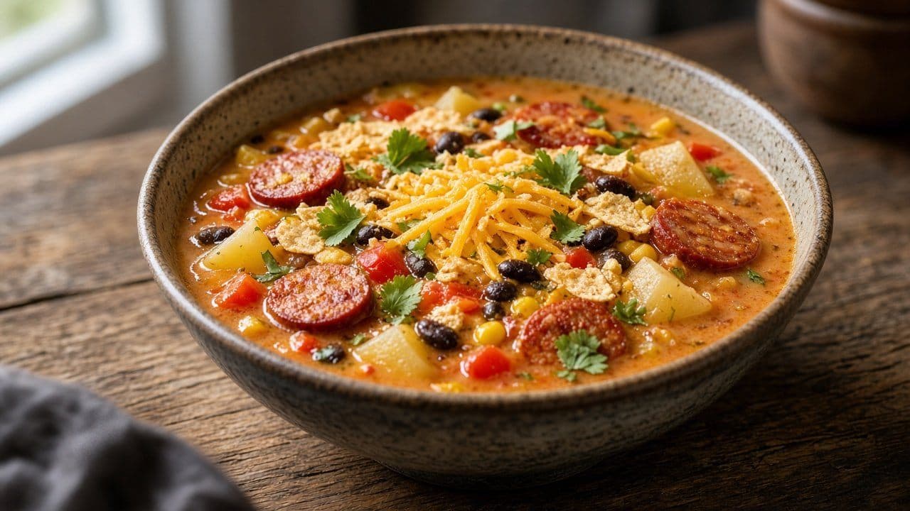 Cowboysoppa med chorizo och cheddar