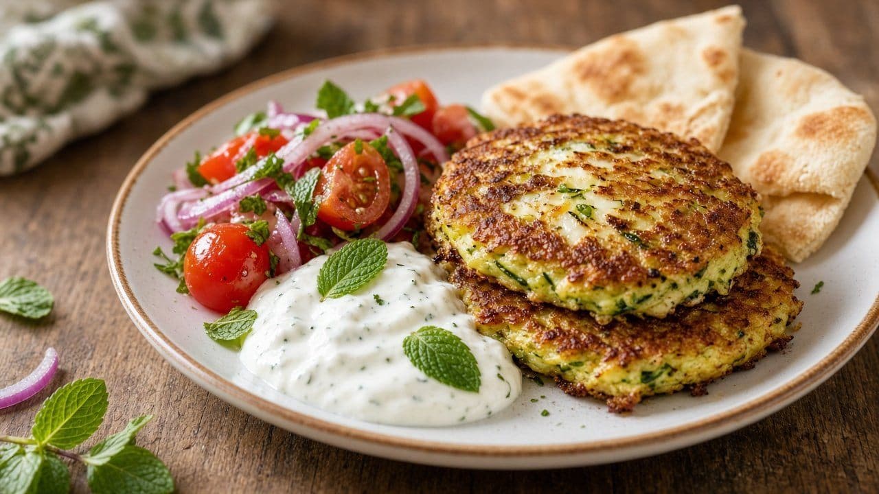 Halloumibiffar med zucchini och myntayoghurt