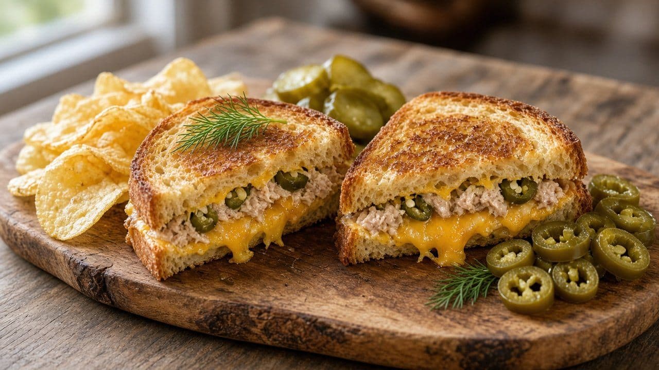 Tuna melt med cheddar och jalapeño på surdegsbröd