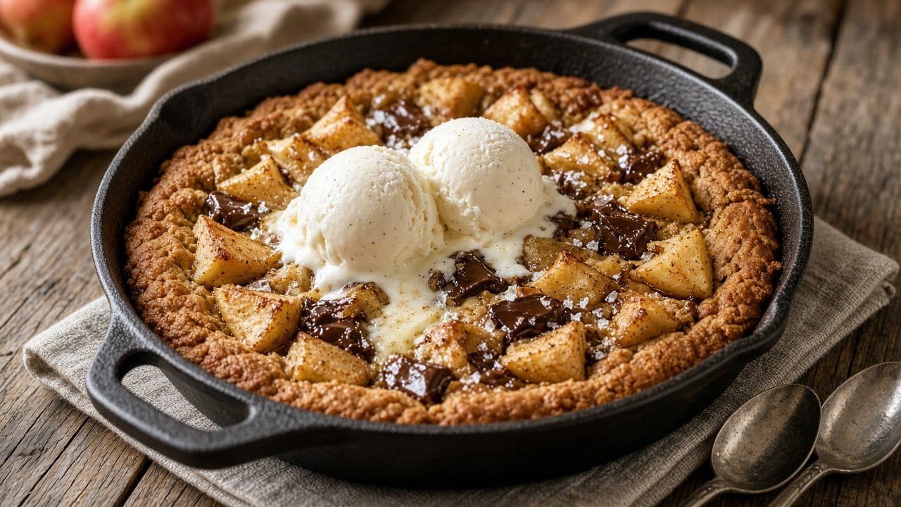 Varm cookie i stekpanna med äpple, brynt smör och vaniljglass