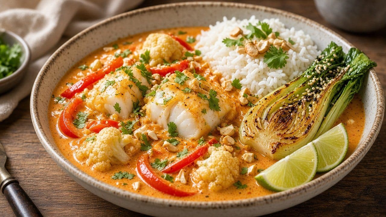 Krämig fiskcurry med torsk och sesamstekt pak choi