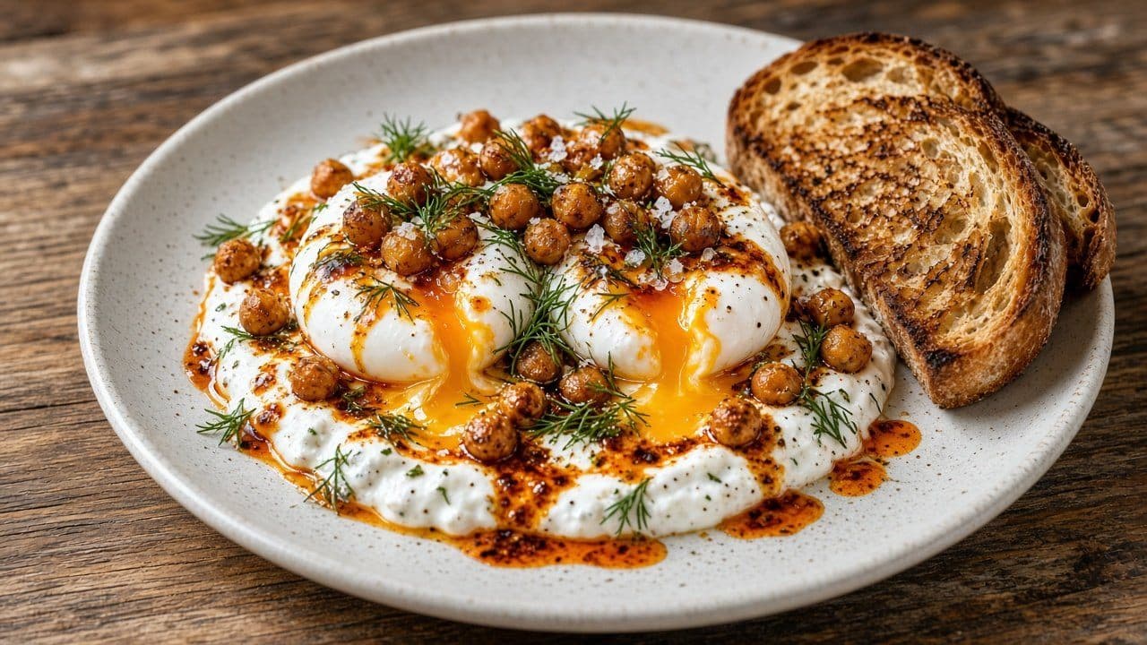 Turkiska ägg med vitlöksyoghurt, chilismör och krispiga kikärtor