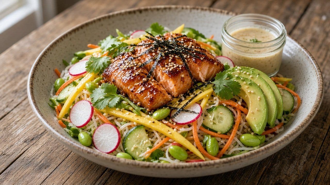 Krispig nudelsallad med misoglaserad lax och edamame