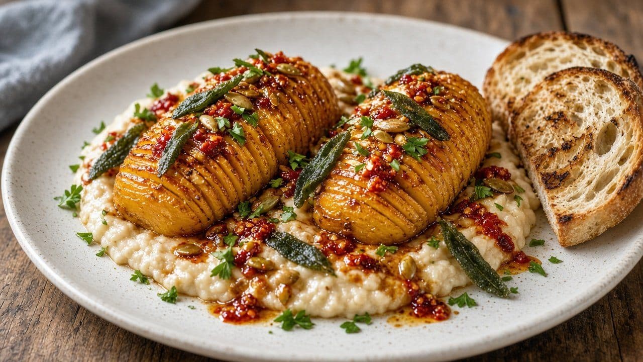 Hasselbackspumpa med salviasmör, chilikrisp och vitbönsröra