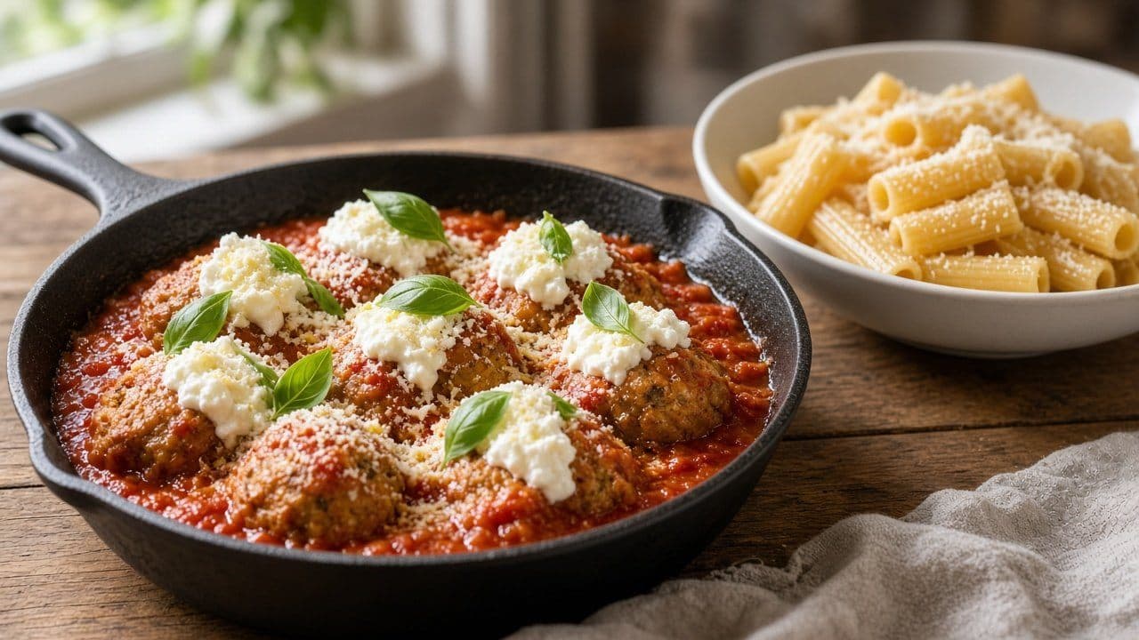 Kycklingköttbullar i tomatsås med vispad citronkeso och parmesan