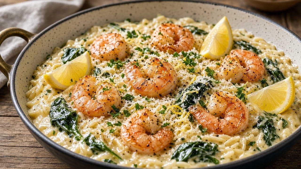 Krämig orzo med räkor, citron och spenat i en gryta