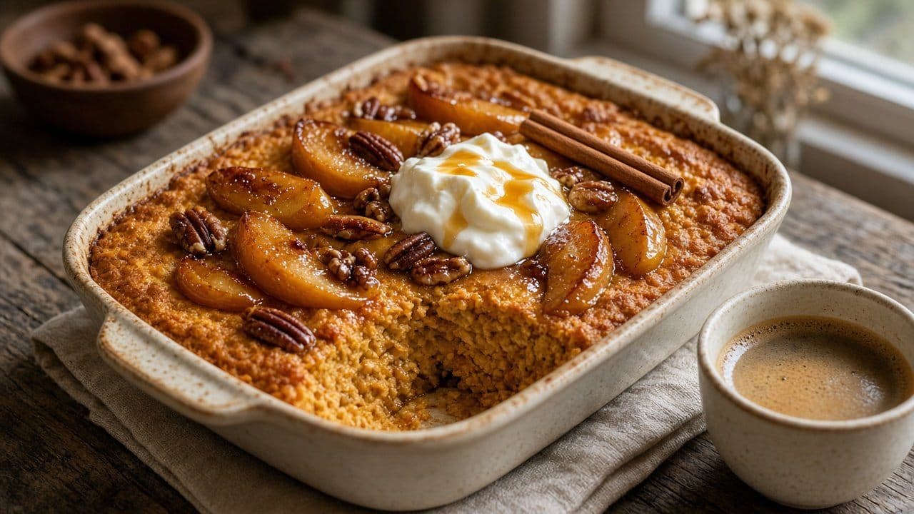 Ugnsbakad pumpkin spice-gröt med karamelliserade äpplen och pekannötter
