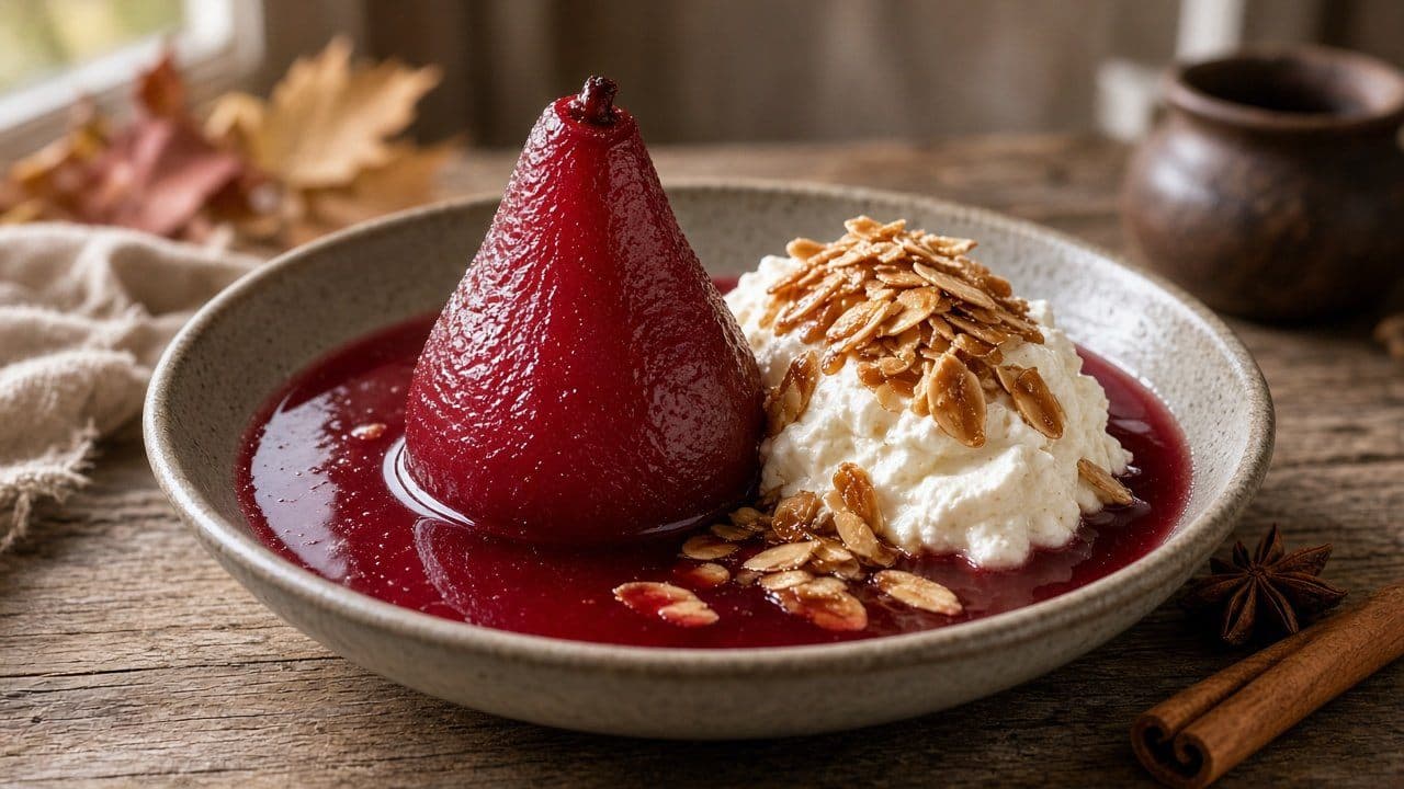 Inkokta päron i kryddigt rödvin med vaniljmascarpone och mandelcrunch