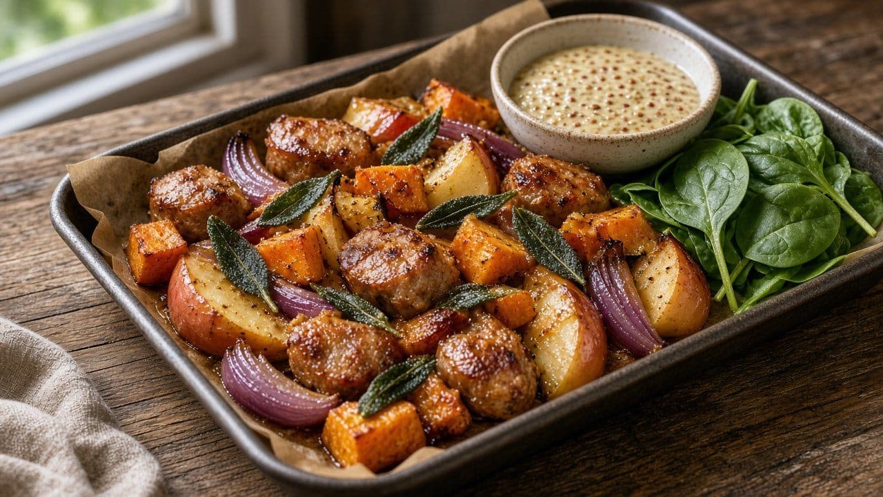 Salsiccia och sötpotatis på plåt med äpple och lönnsirapssenap
