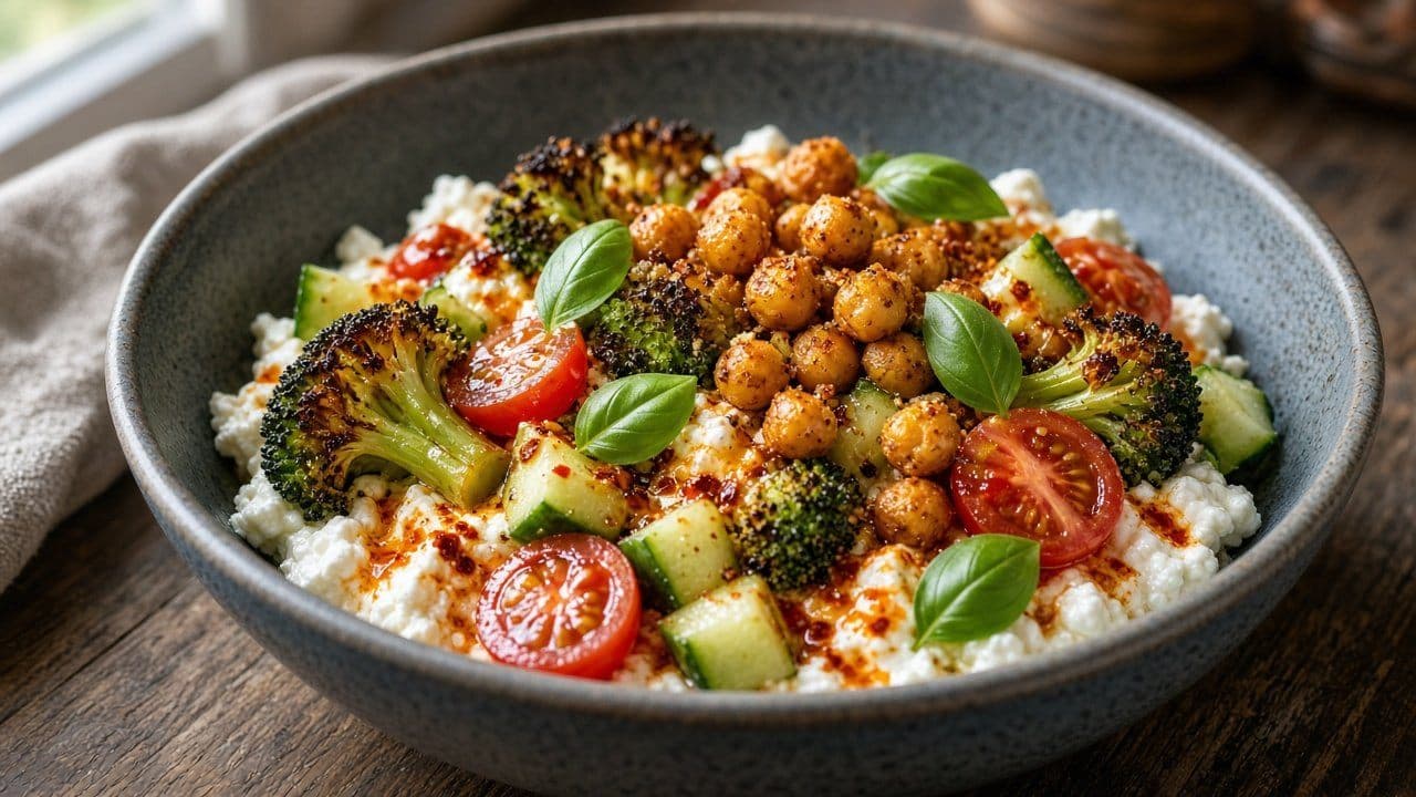 Cottage cheese-bowl med crispy kikärtor, broccoli och chiliolja