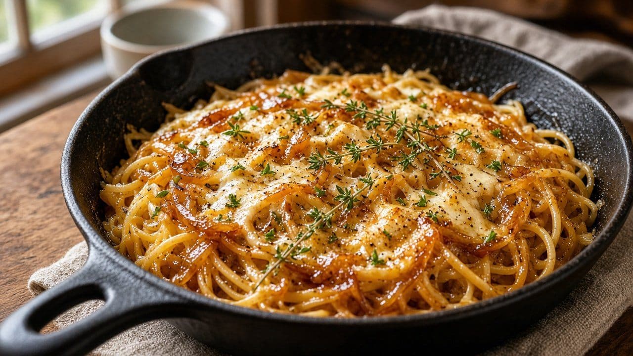 Fransk lökpasta med gruyère och timjan