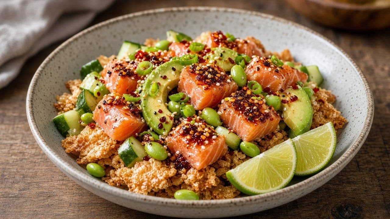 Krispig rissallad med lax, avokado och chili crisp-sesam