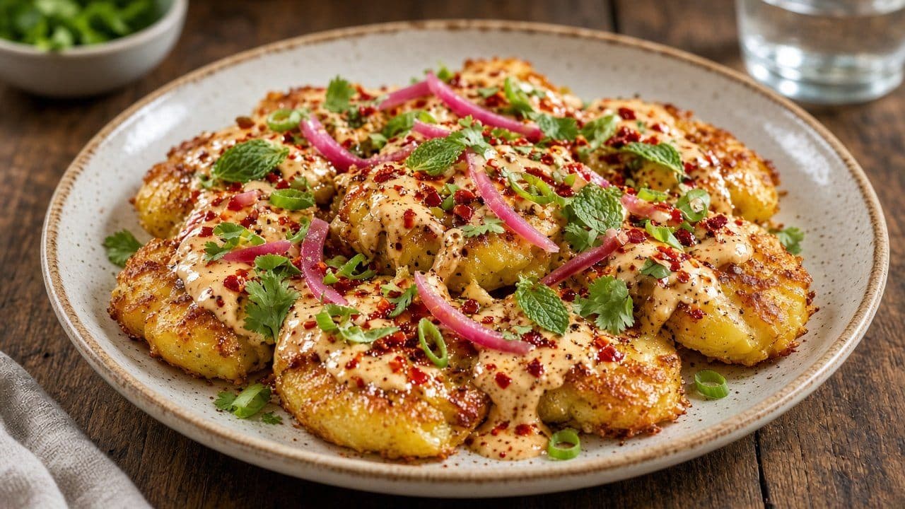 Smashed potatissallad med chili crisp-tahini