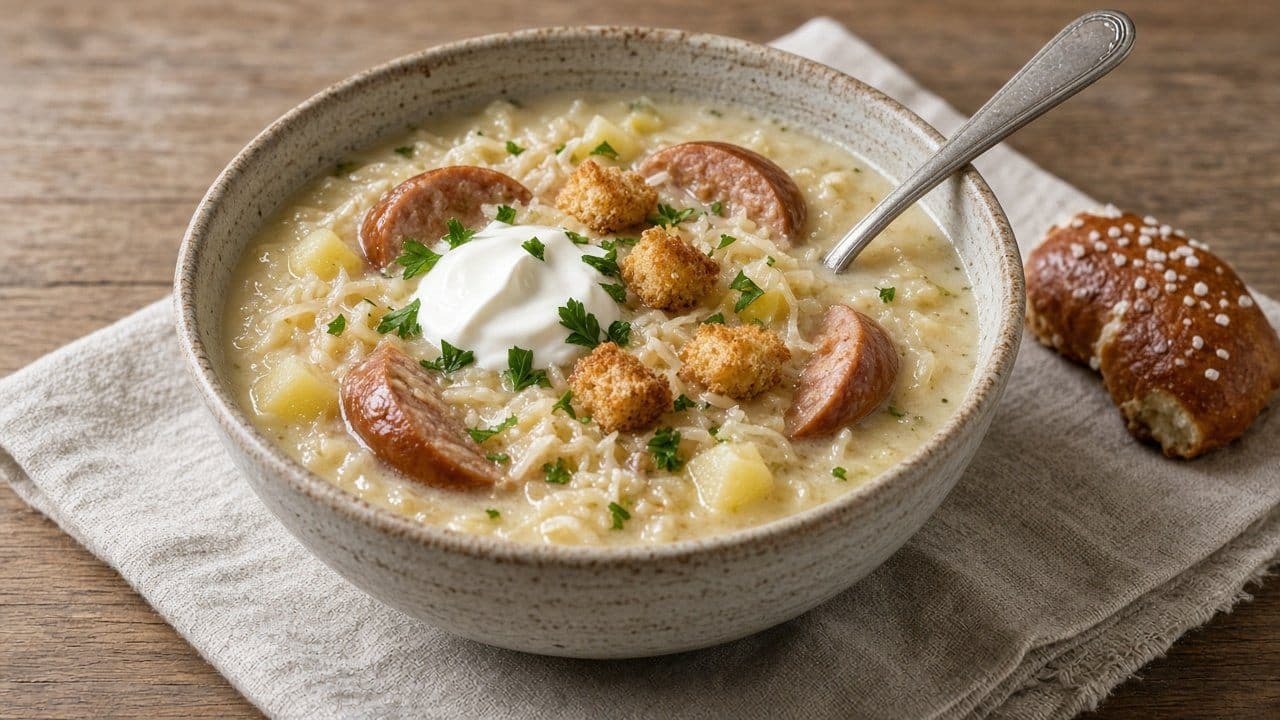 Krämig surkålssoppa med rökt korv och kumminkrutonger