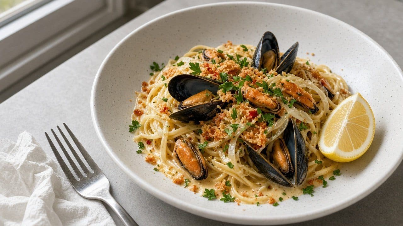 Krämig musselpasta med fänkål, chili och saffran