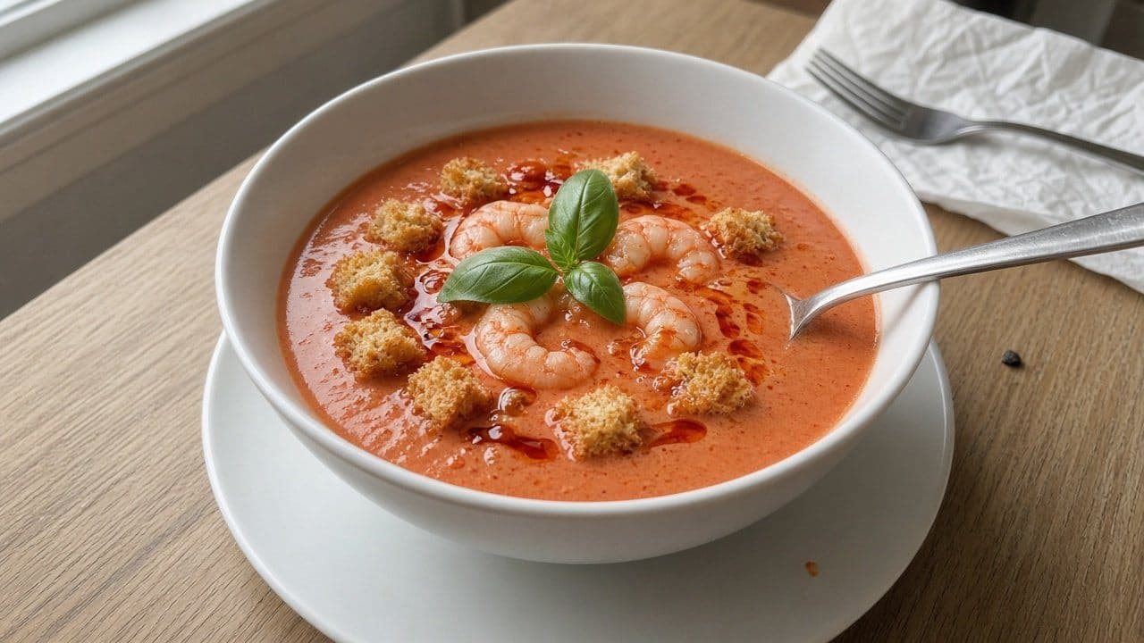 Krämig tomatsoppa med räkor och chiliolja