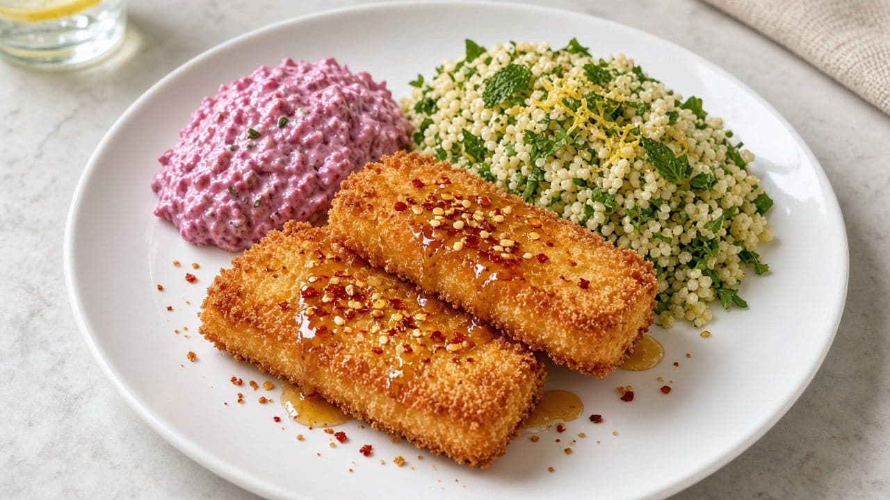 Friterad fetaost med hot honey och rödbetstzatziki