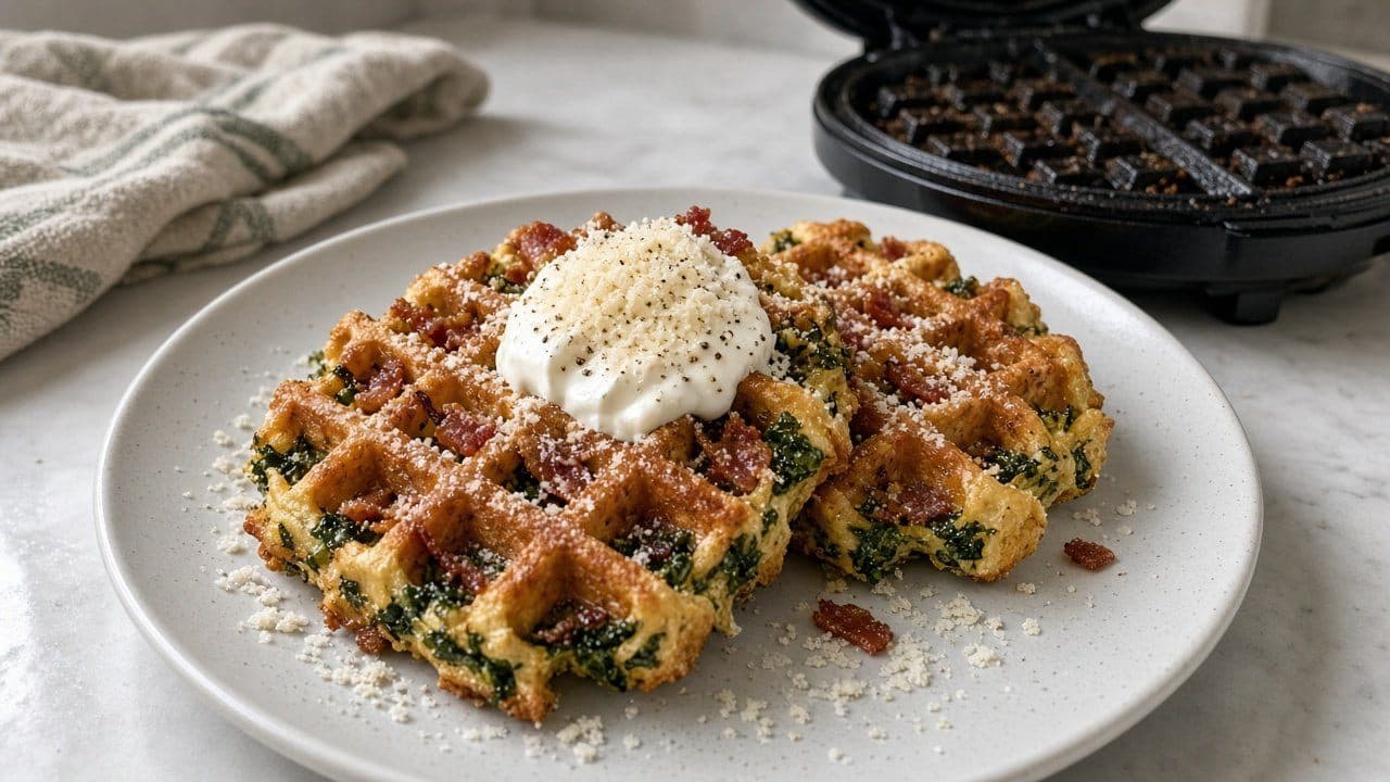 Carbonaravåfflor med bacon, grönkål och svartpepparcrème