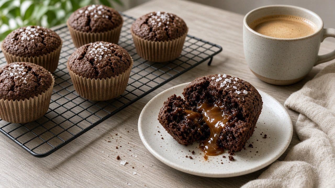 Kladdiga chokladmuffins med saltkolakärna
