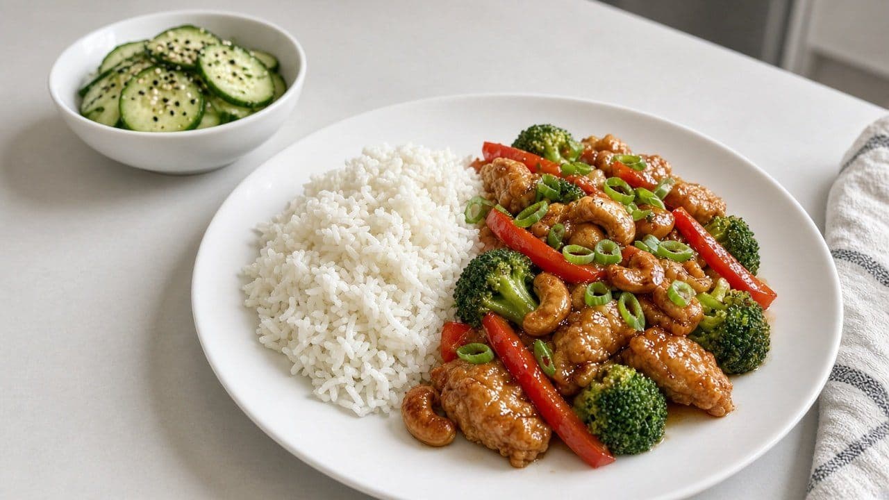 Krispig kyckling cashew med ingefära och sesamgurka
