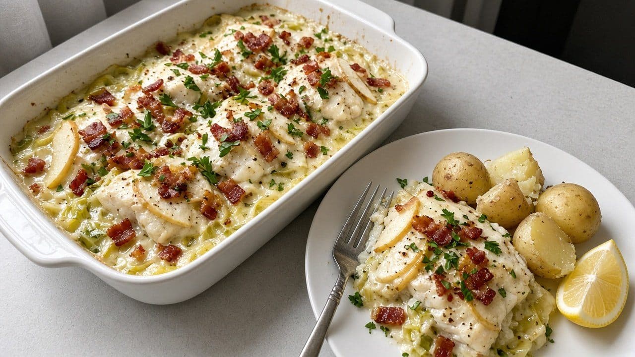 Ugnsbakad sej med baconströssel, äpple och purjolöksgrädde