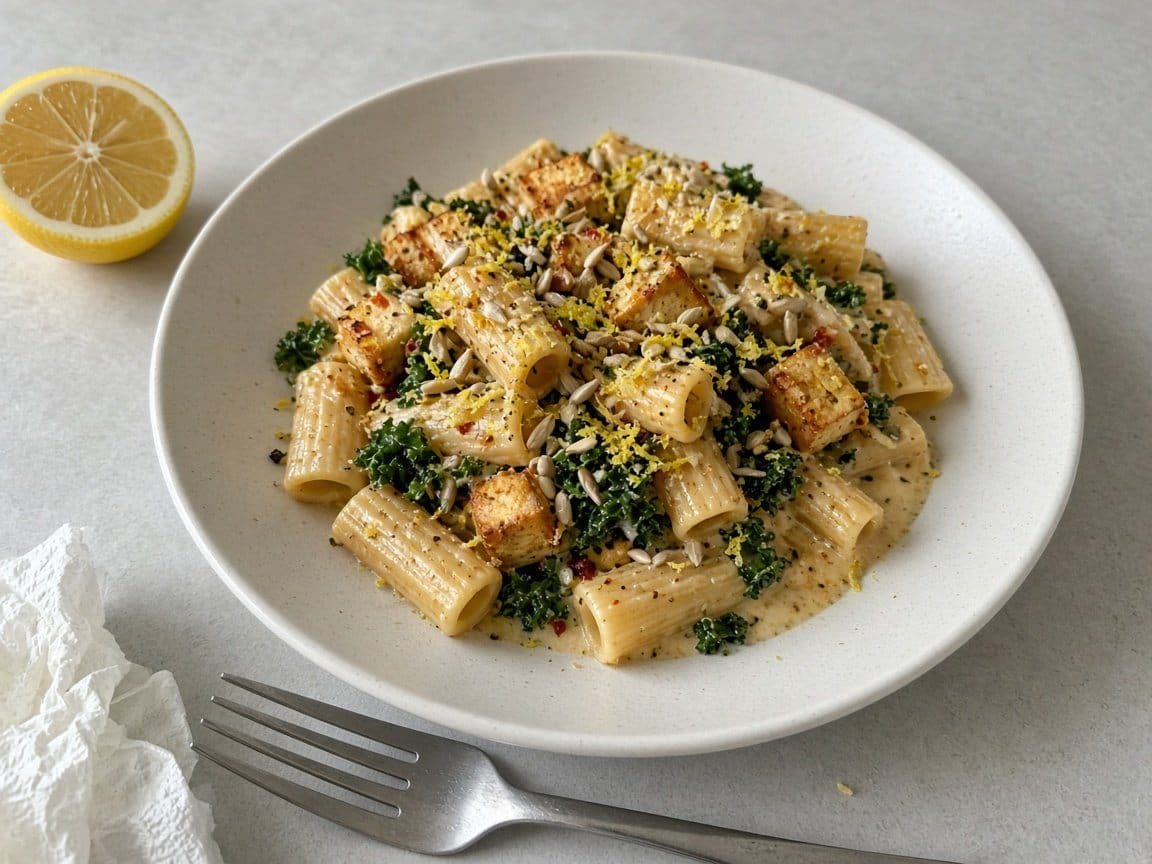 Krämig pasta med rökt tofu, grönkål och citron